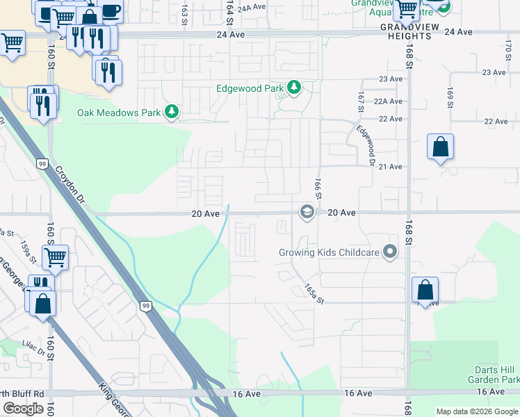 map of restaurants, bars, coffee shops, grocery stores, and more near 16479 20 Avenue in Surrey
