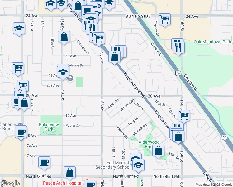 map of restaurants, bars, coffee shops, grocery stores, and more near 15669 20 Avenue in Surrey