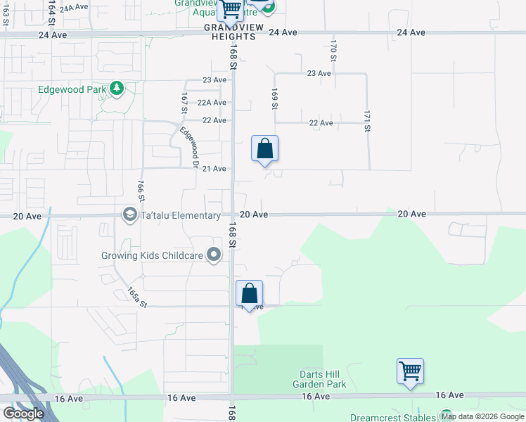 map of restaurants, bars, coffee shops, grocery stores, and more near 16867 20 Avenue in Surrey