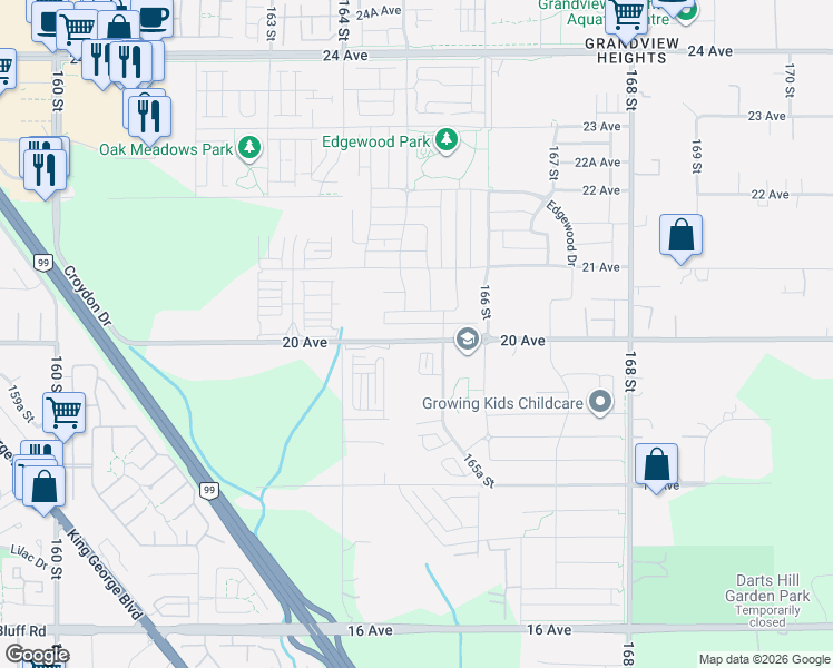 map of restaurants, bars, coffee shops, grocery stores, and more near 16521 20 Avenue in Surrey
