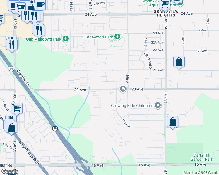 map of restaurants, bars, coffee shops, grocery stores, and more near 16521 20 Avenue in Surrey