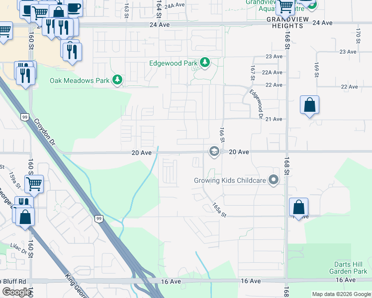 map of restaurants, bars, coffee shops, grocery stores, and more near 16505 20 Avenue in Surrey