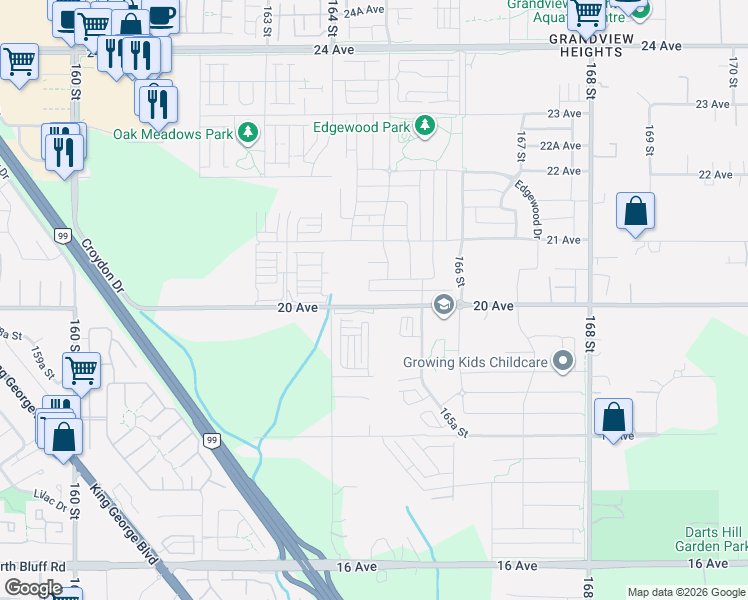 map of restaurants, bars, coffee shops, grocery stores, and more near 16477 20 Avenue in Surrey