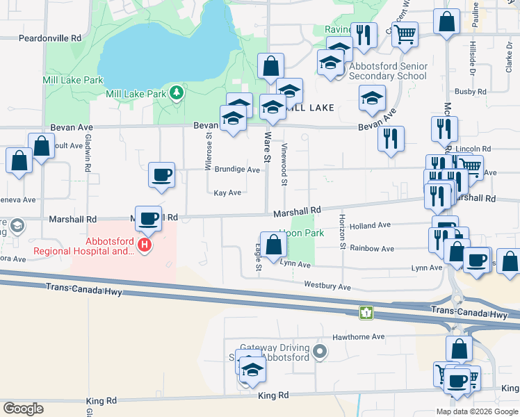 map of restaurants, bars, coffee shops, grocery stores, and more near 33172 Marshall Road in Abbotsford