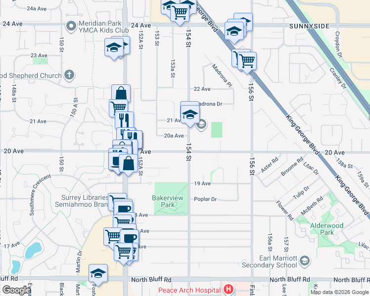 map of restaurants, bars, coffee shops, grocery stores, and more near 15389 20 Avenue in Surrey