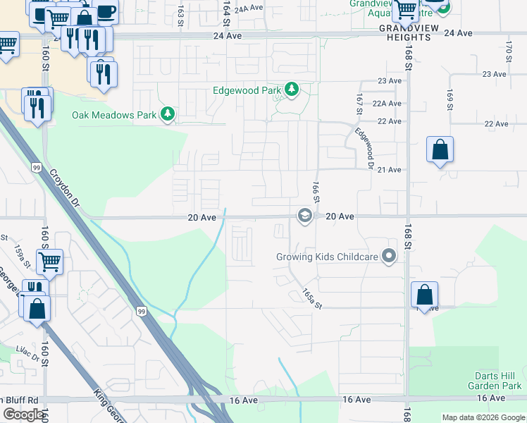 map of restaurants, bars, coffee shops, grocery stores, and more near 16501 20 Avenue in Surrey