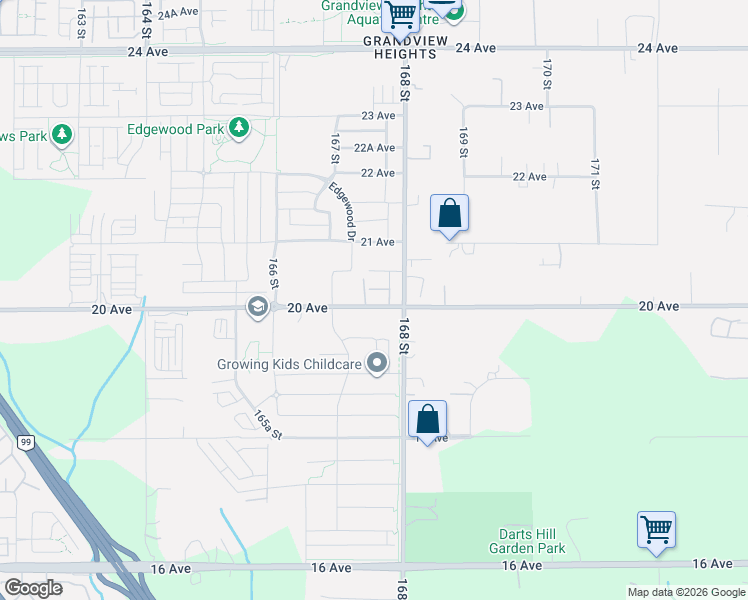 map of restaurants, bars, coffee shops, grocery stores, and more near 16781 20 Avenue in Surrey