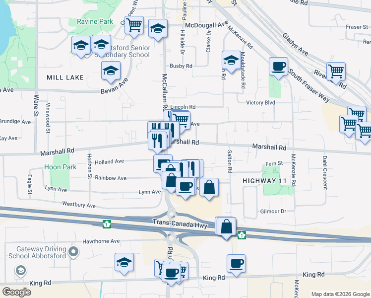 map of restaurants, bars, coffee shops, grocery stores, and more near 33682 Marshall Road in Abbotsford