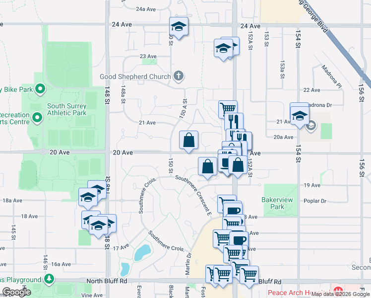 map of restaurants, bars, coffee shops, grocery stores, and more near 15054 20 Avenue in Surrey