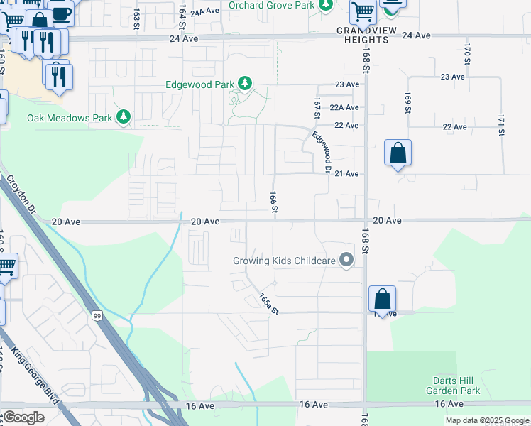 map of restaurants, bars, coffee shops, grocery stores, and more near 16591 20 Avenue in Surrey
