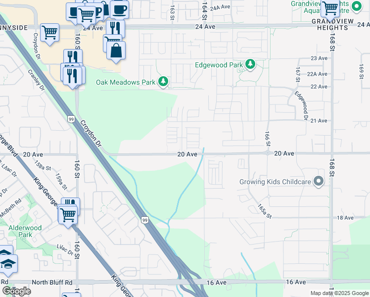 map of restaurants, bars, coffee shops, grocery stores, and more near 2070 Oak Meadows Drive in Surrey