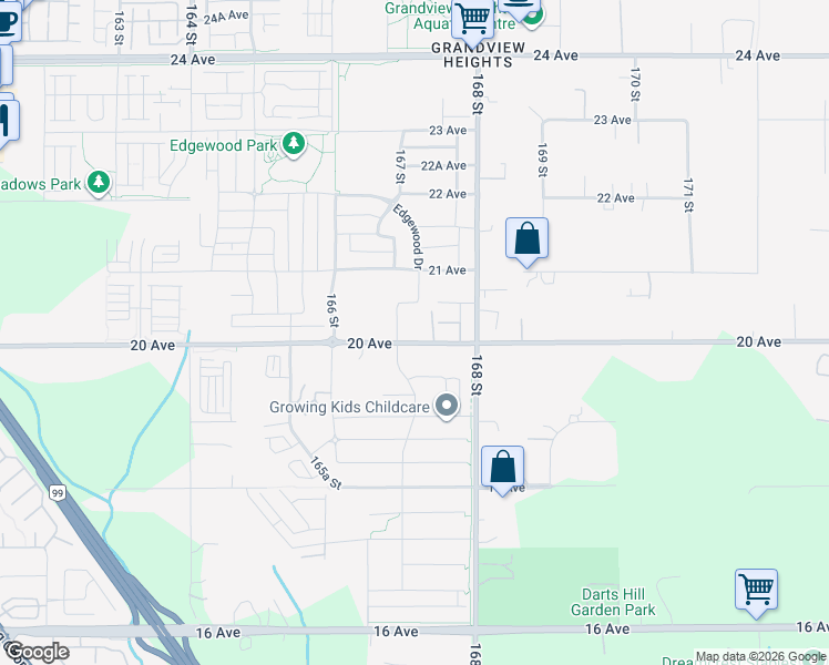 map of restaurants, bars, coffee shops, grocery stores, and more near 16745 20 Avenue in Surrey