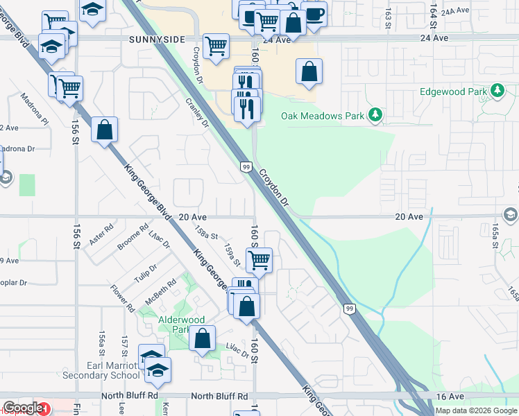 map of restaurants, bars, coffee shops, grocery stores, and more near 2026 160 Street in Surrey