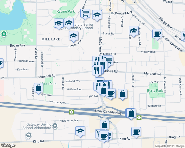 map of restaurants, bars, coffee shops, grocery stores, and more near in Abbotsford