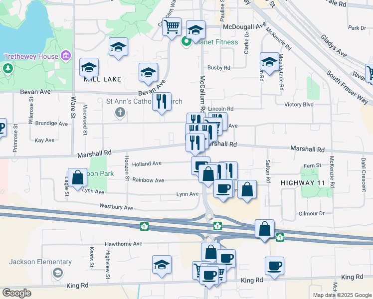 map of restaurants, bars, coffee shops, grocery stores, and more near 33538 Marshall Road in Abbotsford