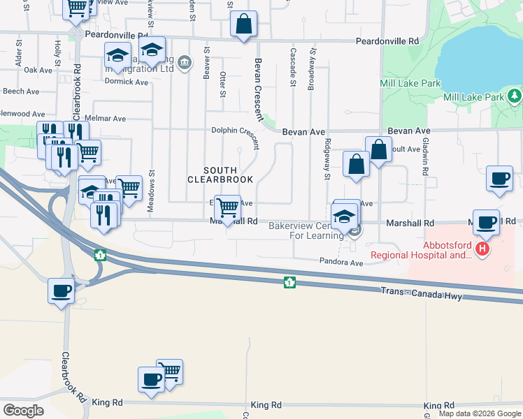 map of restaurants, bars, coffee shops, grocery stores, and more near 2026 Majestic Crescent in Abbotsford