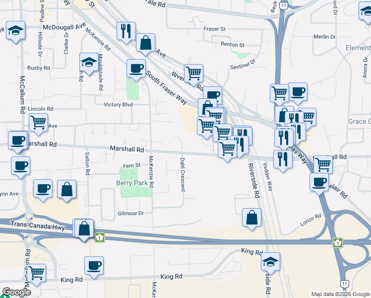 map of restaurants, bars, coffee shops, grocery stores, and more near 34107 Marshall Road in Abbotsford