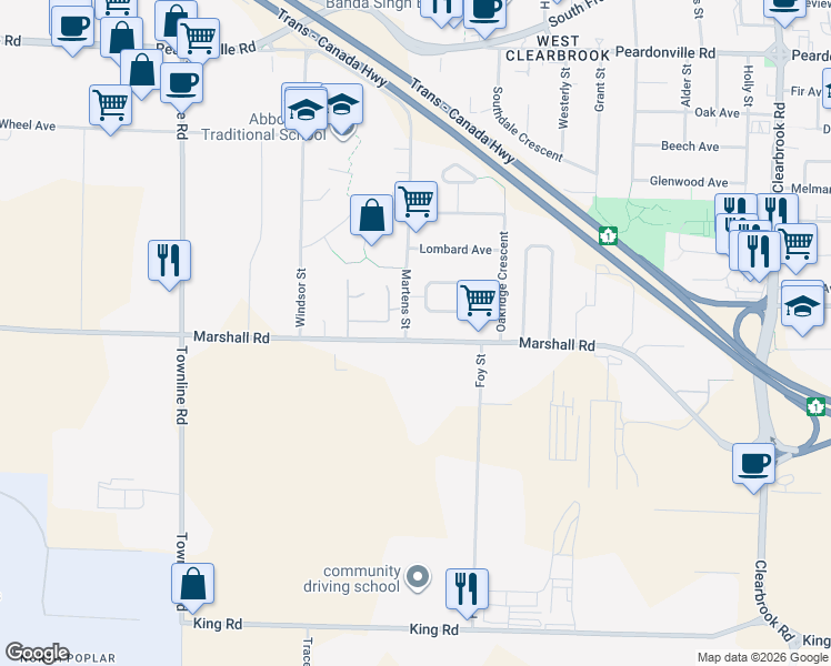 map of restaurants, bars, coffee shops, grocery stores, and more near 31511 Marshall Road in Abbotsford