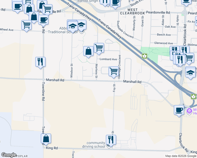 map of restaurants, bars, coffee shops, grocery stores, and more near 31540 Marshall Road in Abbotsford