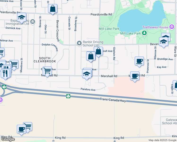 map of restaurants, bars, coffee shops, grocery stores, and more near 32632 Geneva Avenue in Abbotsford