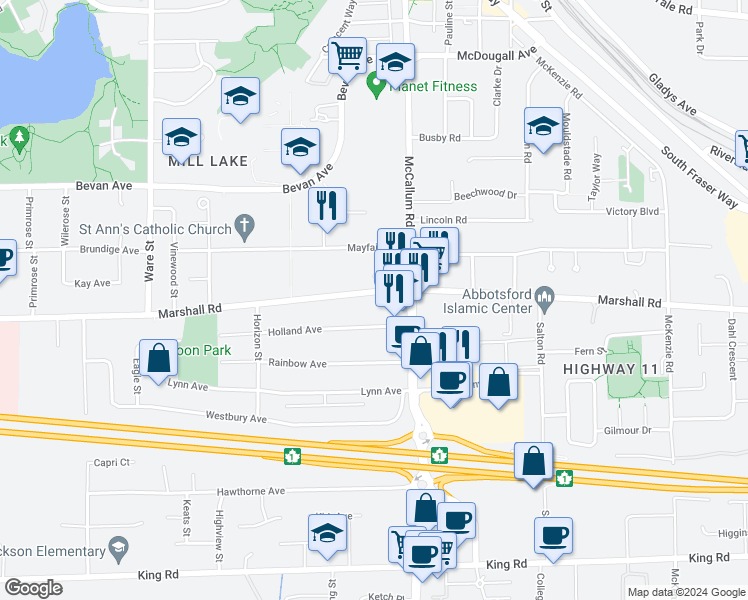 map of restaurants, bars, coffee shops, grocery stores, and more near in Abbotsford