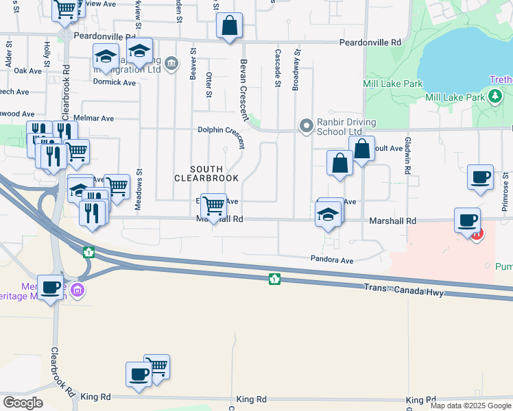 map of restaurants, bars, coffee shops, grocery stores, and more near 32454 Emerald Avenue in Abbotsford