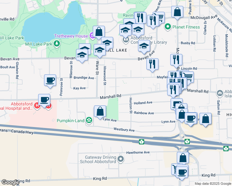 map of restaurants, bars, coffee shops, grocery stores, and more near 2038 Sandalwood Crescent in Abbotsford