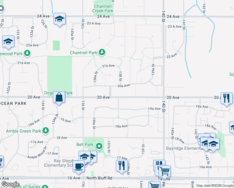 map of restaurants, bars, coffee shops, grocery stores, and more near 13799 20 Avenue in Surrey