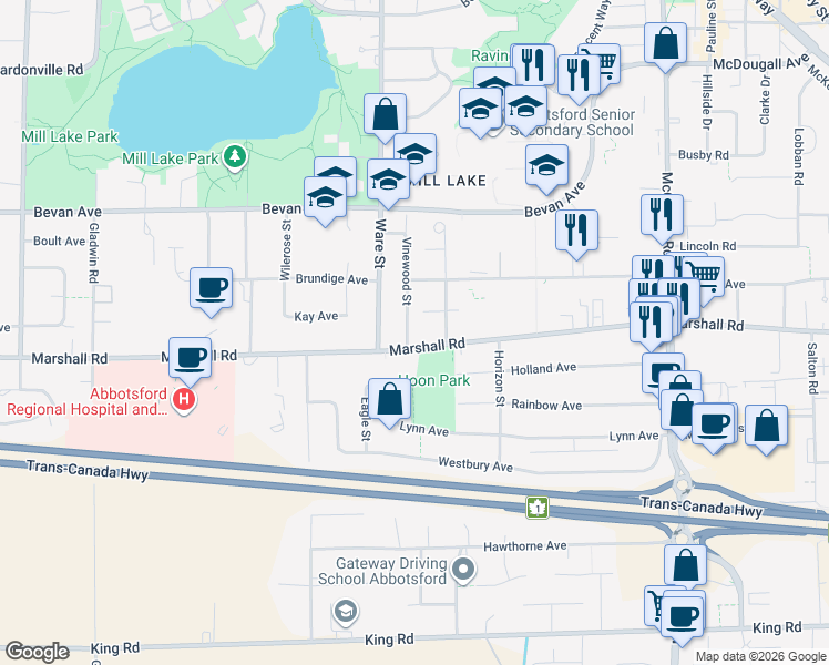 map of restaurants, bars, coffee shops, grocery stores, and more near 2018 Vinewood Street in Abbotsford