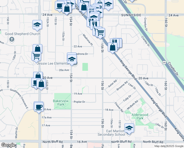 map of restaurants, bars, coffee shops, grocery stores, and more near 15533 20 Avenue in Surrey