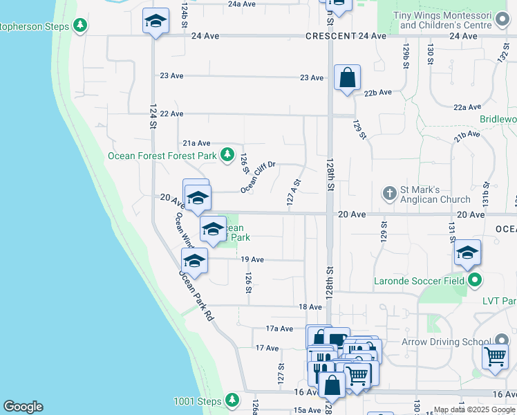 map of restaurants, bars, coffee shops, grocery stores, and more near 12661 20 Avenue in Surrey