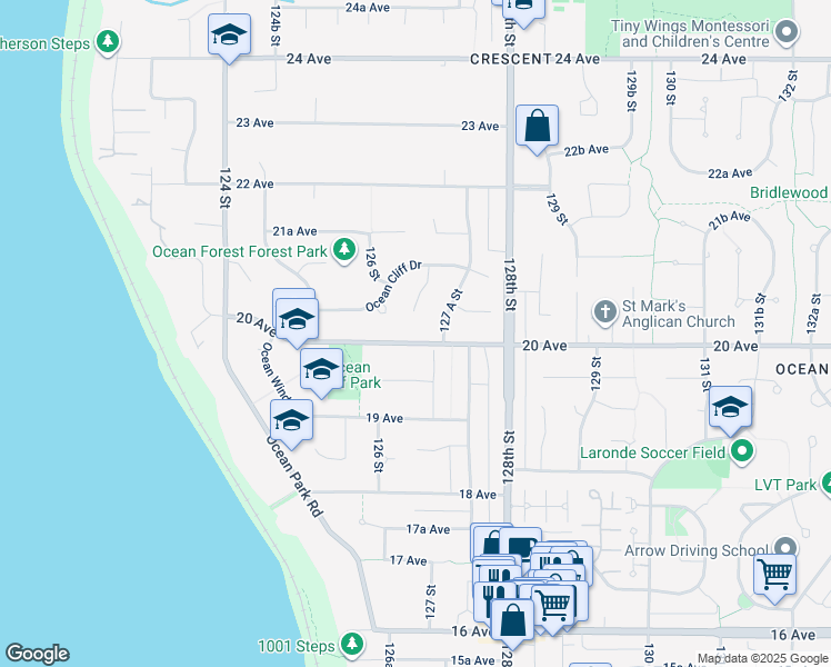 map of restaurants, bars, coffee shops, grocery stores, and more near 12685 20 Avenue in Surrey