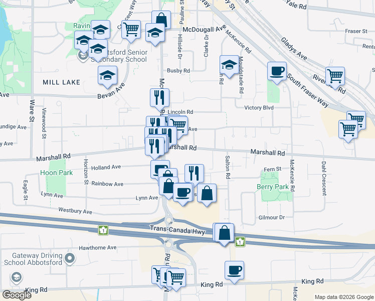 map of restaurants, bars, coffee shops, grocery stores, and more near in Abbotsford