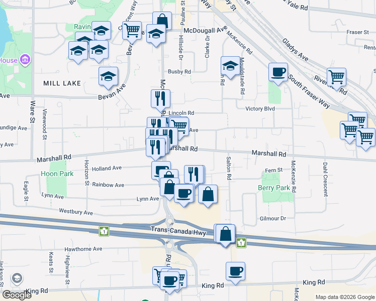 map of restaurants, bars, coffee shops, grocery stores, and more near 33682 Marshall Road in Abbotsford