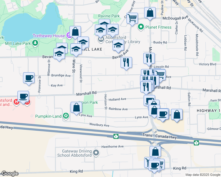 map of restaurants, bars, coffee shops, grocery stores, and more near 33388 Mayfair Avenue in Abbotsford