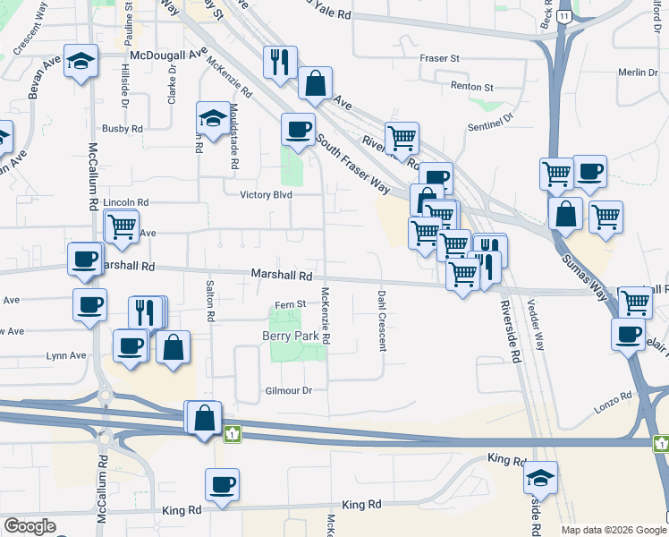 map of restaurants, bars, coffee shops, grocery stores, and more near 2056 McKenzie Road in Abbotsford