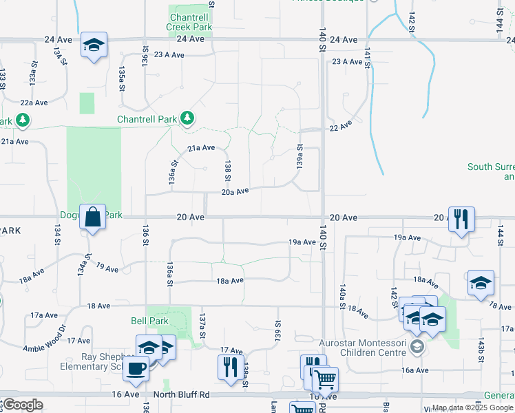map of restaurants, bars, coffee shops, grocery stores, and more near 13849 20 Avenue in Surrey