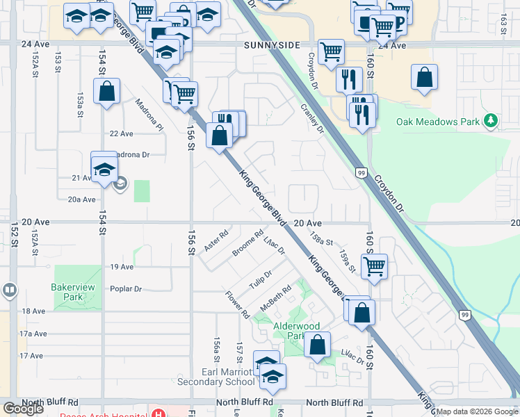 map of restaurants, bars, coffee shops, grocery stores, and more near 2031 King George Boulevard in Surrey
