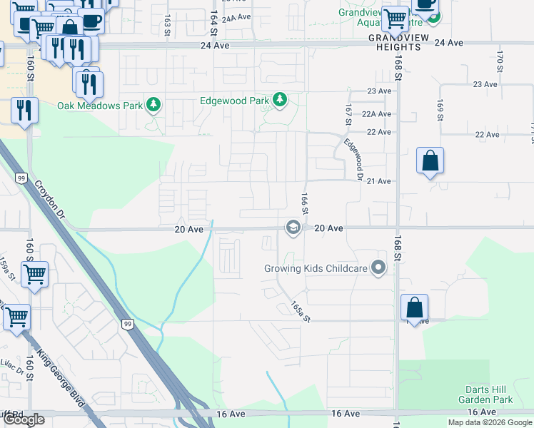 map of restaurants, bars, coffee shops, grocery stores, and more near 16532 20A Avenue in Surrey