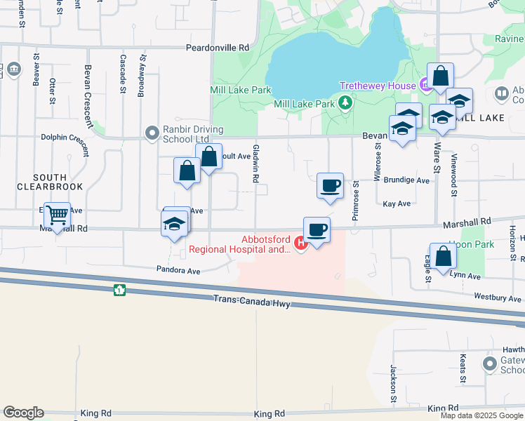 map of restaurants, bars, coffee shops, grocery stores, and more near 2050 Gladwin Road in Abbotsford