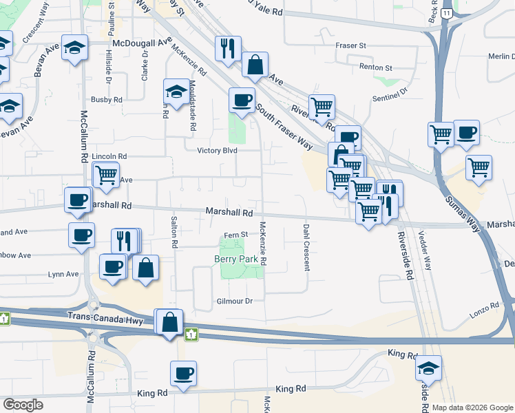 map of restaurants, bars, coffee shops, grocery stores, and more near in Abbotsford