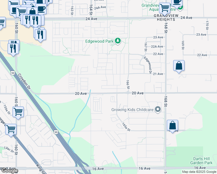 map of restaurants, bars, coffee shops, grocery stores, and more near 16498 20A Avenue in Surrey