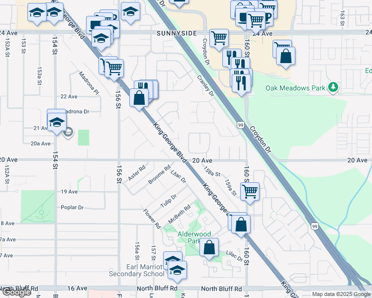 map of restaurants, bars, coffee shops, grocery stores, and more near 15875 20 Avenue in Surrey