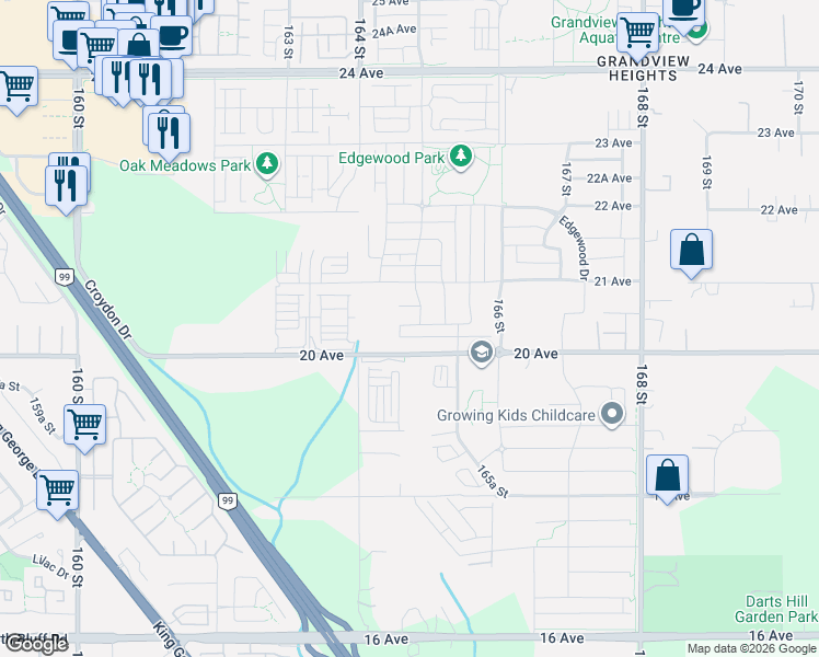 map of restaurants, bars, coffee shops, grocery stores, and more near 16486 20A Avenue in Surrey