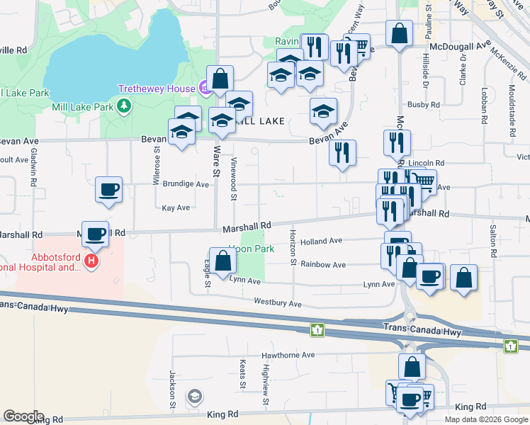 map of restaurants, bars, coffee shops, grocery stores, and more near 2038 Sandalwood Crescent in Abbotsford