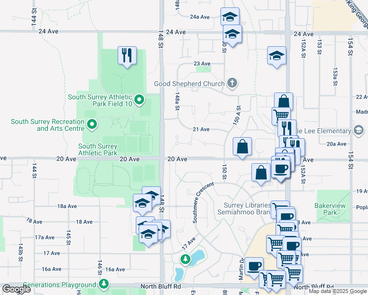 map of restaurants, bars, coffee shops, grocery stores, and more near 14880 20A Avenue in Surrey