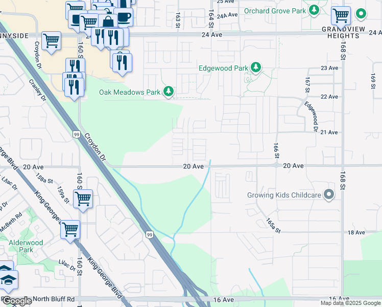 map of restaurants, bars, coffee shops, grocery stores, and more near 2070 Oak Meadows Drive in Surrey