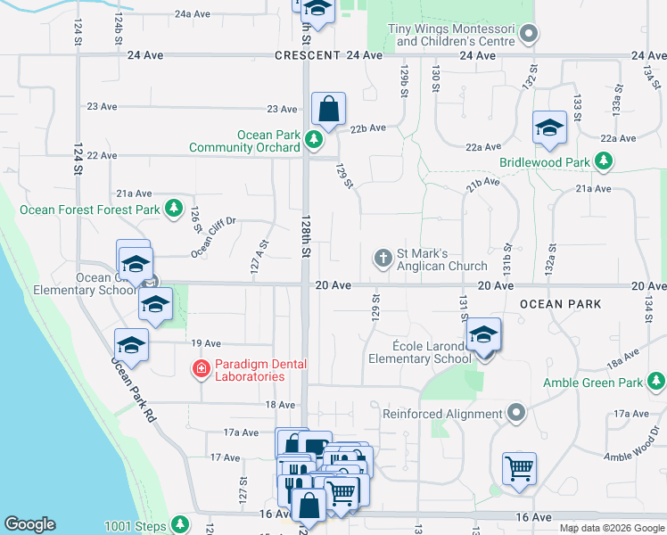 map of restaurants, bars, coffee shops, grocery stores, and more near 12856 20A Avenue in Surrey