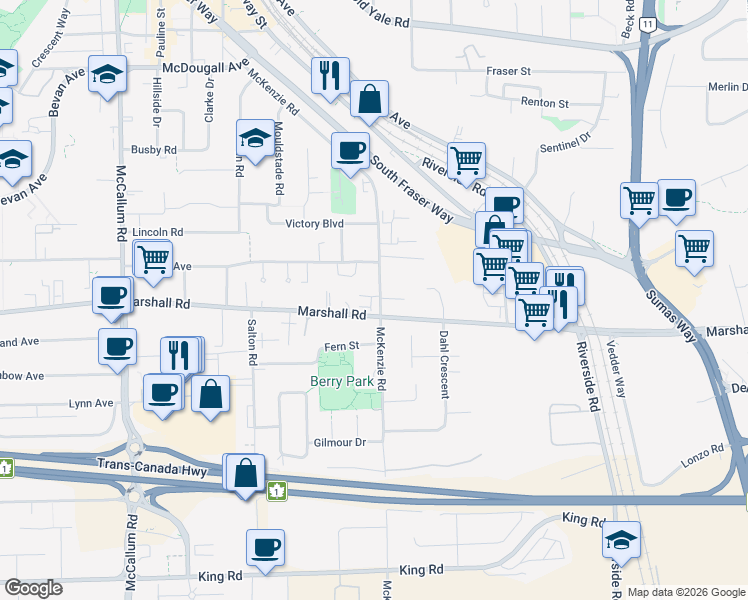 map of restaurants, bars, coffee shops, grocery stores, and more near in Abbotsford