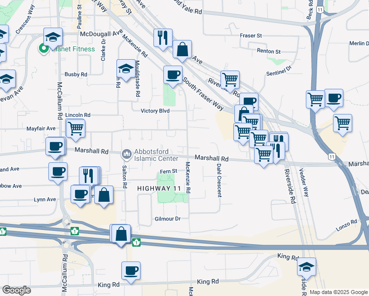 map of restaurants, bars, coffee shops, grocery stores, and more near 2033 McKenzie Road in Abbotsford
